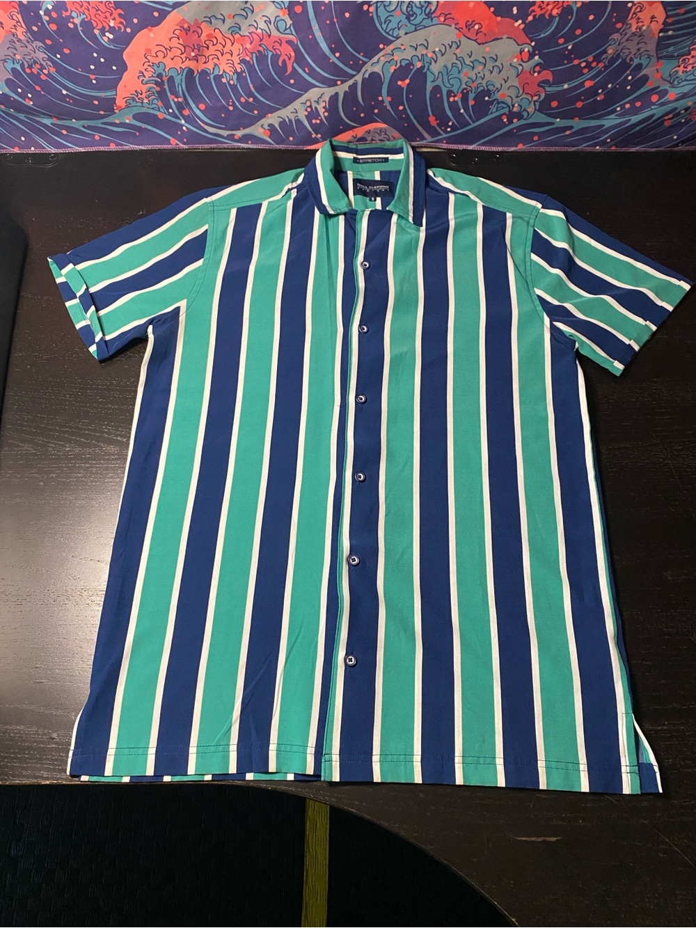 Men's Short-Sleeve Striped Button-Down Shirt in Teal & Navy